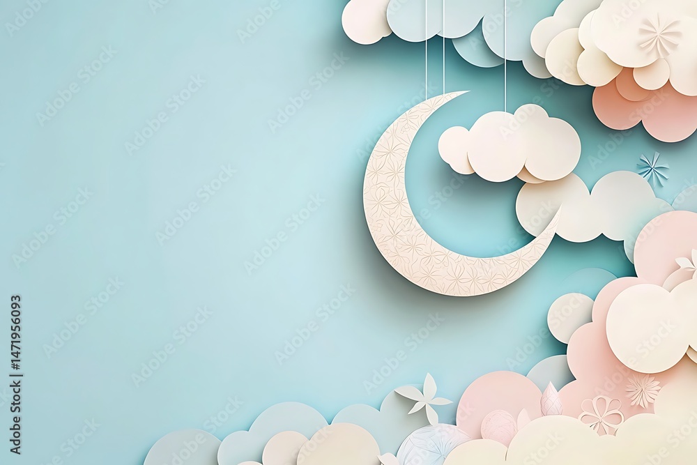 Aufkleber soft pastel eid background with floating crescent moon and abstract clouds