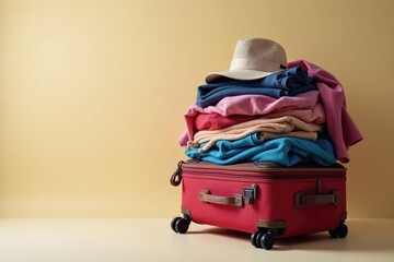 Overstuffed suitcase overflowing with clothes and travel essentials, ready for a trip , clothes, getaway