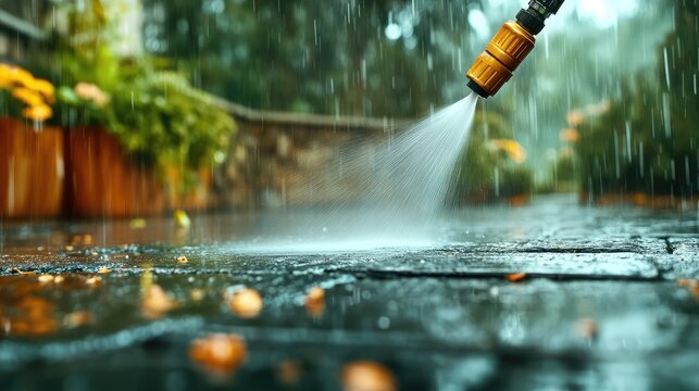 Close-up of power washer nozzle blasting grime from textured dark slate patio stones in residential garden