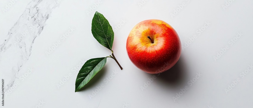 Poster flat lay of a single red apple with a green leaf on a white marble surface. the apple is in the cent