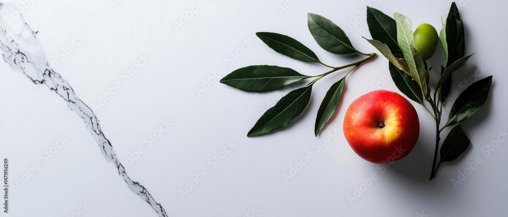 Poster flat lay of a red apple with green leaves on a white background. the apple is placed on the right si