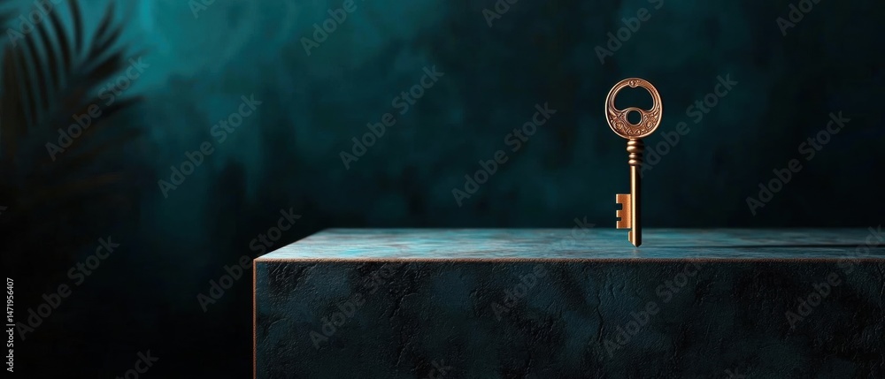 Poster golden key on a dark blue background. the key is in the shape of a keyhole with a keychain attached 