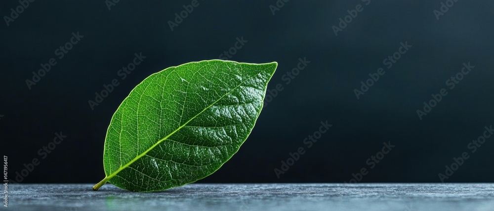 Poster close-up of a single green leaf on a dark grey surface. the leaf is in the center of the image and i
