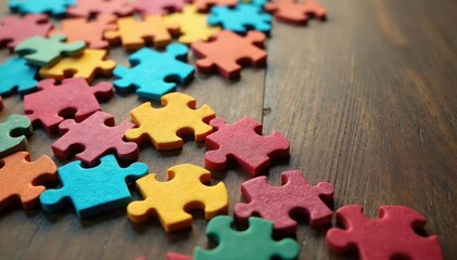 Vibrant colored puzzle pieces scattered on a wooden surface , colorful pieces, vibrant, background