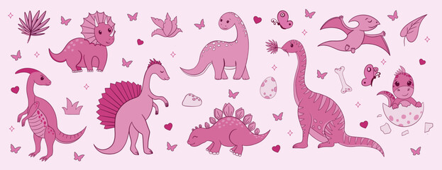 Cute Pink Dinosaurs Girly Vector Set.