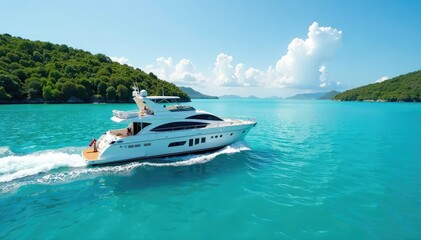 Fototapeta premium A pristine white yacht glides on turquoise water under a vibrant summer sky, surrounded by lush islands , elegant, scenic, tropical