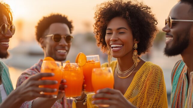 African american friends toasting drinks at sunset party: celebrating summer together