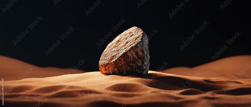 Poster single rock in the middle of a desert. the rock is round and appears to be made of a rough, textured