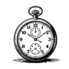 Pocket watch sketch engraving black and white outline. Scratch board imitation.  illustrated in vintage line art style on a white background.