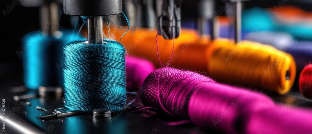 Poster close-up of a sewing machine with several spools of thread in different colors.
