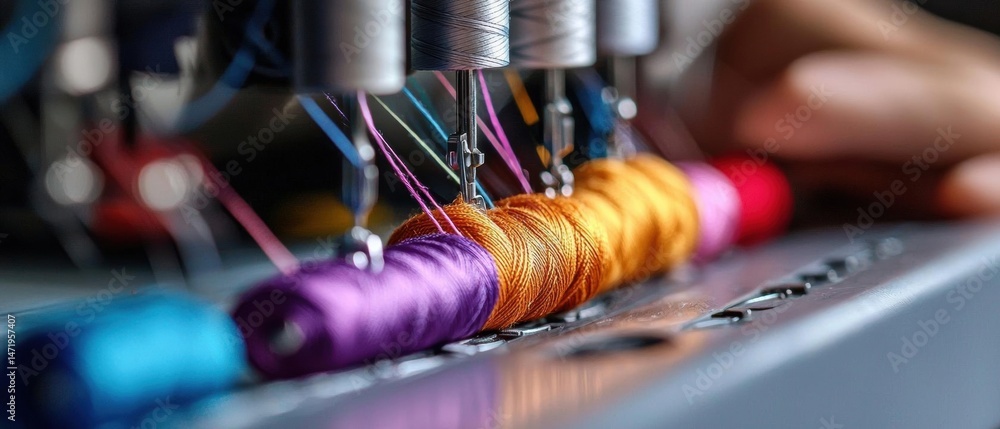 Poster close-up of a sewing machine with multiple spools of thread in different colors.