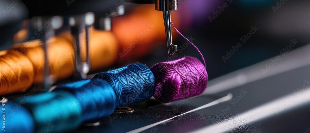 Poster close-up of a sewing machine with several spools of thread in different colors. the spools are arran