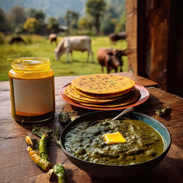 Makki Ki Roti & Sarson Ka Sag on wooden table