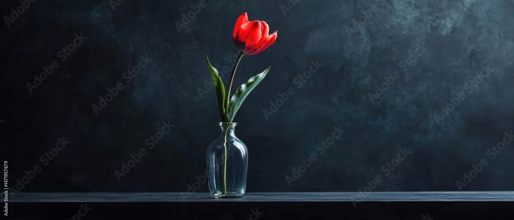 Poster photograph of a single red tulip in a glass vase. the vase is placed on a dark grey surface with a t