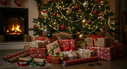 Fototapeta premium Cozy Christmas: Fireplace, Tree with Lights & Wrapped Gifts! Holiday Magic & Warmth Awaits!