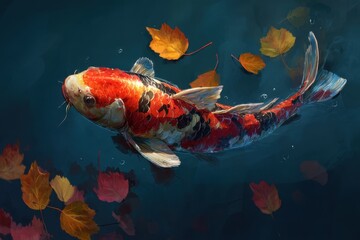 Colorful koi fish surrounded by autumn leaves in still water.