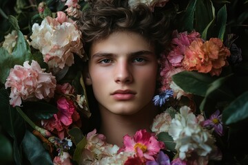 Naklejka premium Young European man in floral botanical portrait