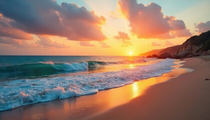 Obraz premium Tranquil beach scene at sunset, golden sand and calm ocean waves , texture, relaxing
