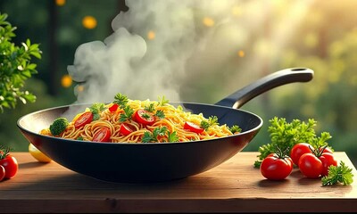 Close up shot of prepared food in a wok showing various colorful vegetables and steam in sunlight ready to eat