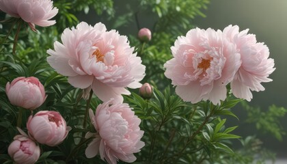 Fototapeta premium Soft blush peonies, delicate stems, vibrant green foliage , closeup, delicate, flowers