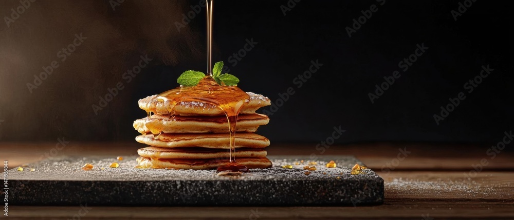Poster stack of pancakes on a black slate board. the pancakes are golden brown and appear to be freshly mad