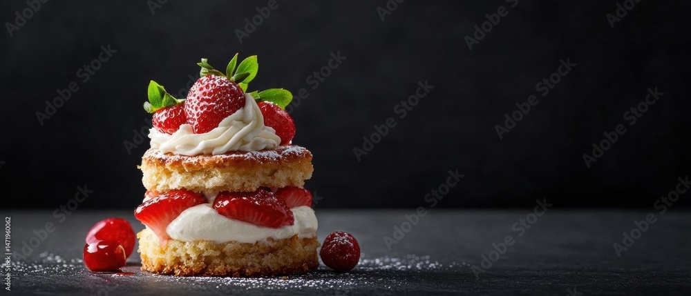 Poster the image is of a three-tiered cake with a layer of whipped cream on top. the cake appears to be a s