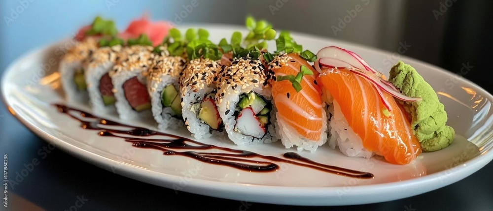 Aufkleber plate of sushi rolls on a white plate. the sushi rolls are arranged in a neat row and are topped wit