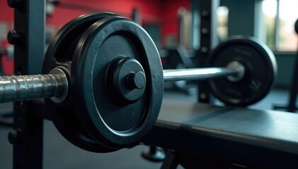 Close-up of a barbell resting on a bench press rack, ready for a workout , strength training, sport, powerlifting equipment