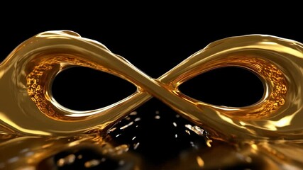 Abstract golden fluid forming an infinity loop against a dark backdrop with reflections, fluidity, smooth and shiny metallic liquid surface