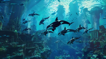 A pod of orcas swims through the ocean, accompanied by smaller fish, towards ancient city ruins teeming with life, amidst a vibrant blue and green underwater world.