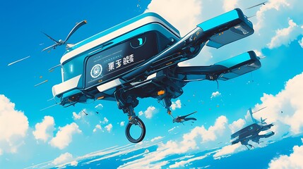 Futuristic aerial vehicles in sky