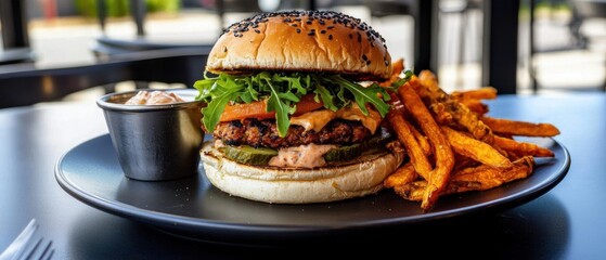 Burger on a black plate with a side of sweet potato fries. the burger is made with a sesame seed bun and is topped with lettuce, tomato, and pickles. there is also a small bowl of sauce on the plate.