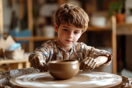 Young boy sculpting clay on pottery wheel in class