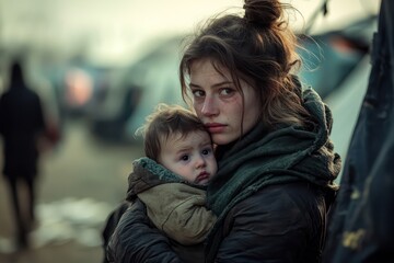 Fototapeta premium Homeless mother cradles baby in refugee camp