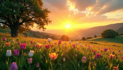 Fototapeta premium Golden sunrise paints the sky on Easter morning, illuminating a peaceful landscape , Easter, colorful, sunlight
