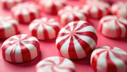 Fototapeta premium Close-up of candy cane mints, peppermint swirls, festive red and white stripes , holiday sweets, dessert, candy