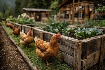 Fototapeta premium Chickens Walking in Vegetable Garden with Raised Beds, Grass, and Wooden Fence