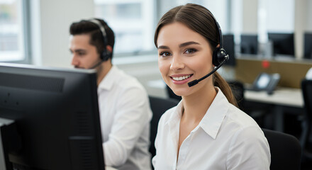 Smiling Customer Service Pro: Expert Help Desk Support. Friendly Agents Ready! Boost Customer Satisfaction.