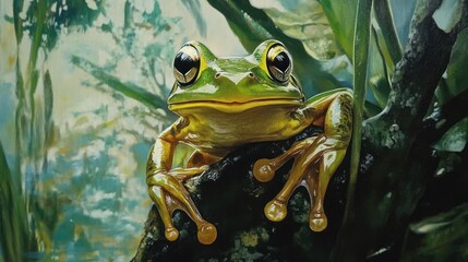 Smiling frog in lush rainforest