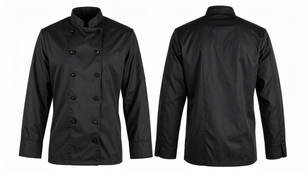Front and back view of a stylish black chef jacket perfect for professional kitchens and culinary schools showcasing its design and functionality