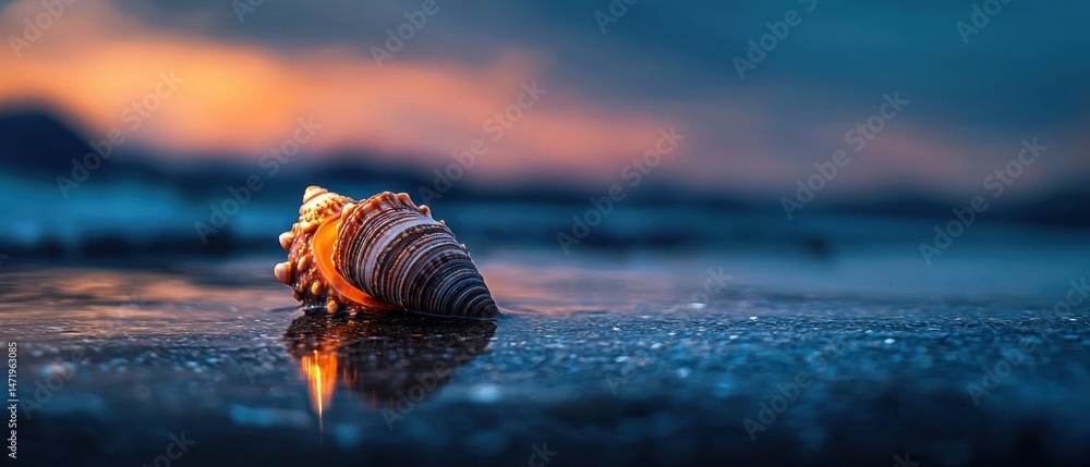 Poster close-up of a seashell on a beach at sunset. the seashell is in the center of the image, with its sh