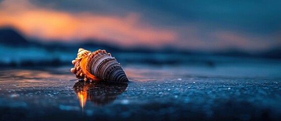 Close-up of a seashell on a beach at sunset. the seashell is in the center of the image, with its shell facing towards the right side of the frame.