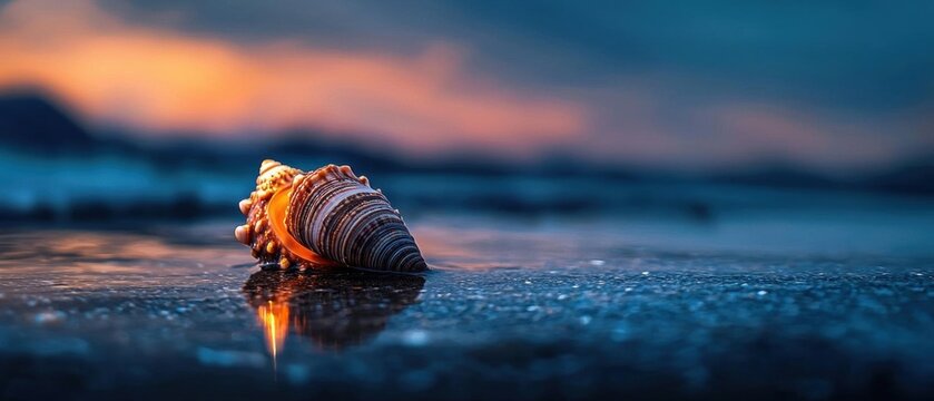 Close-up of a seashell on a beach at sunset. the seashell is in the center of the image, with its shell facing towards the right side of the frame.