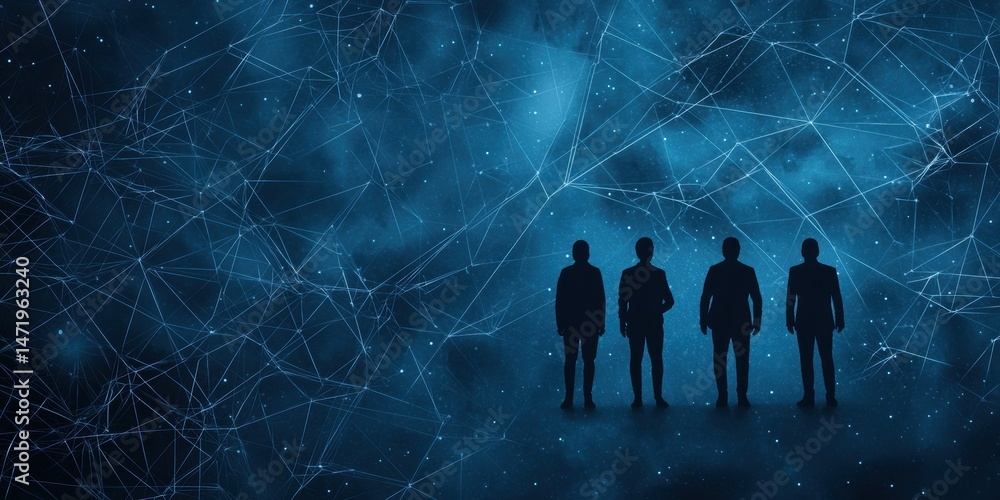 Poster four silhouetted people stand against a blue, digital network background with interconnected lines a
