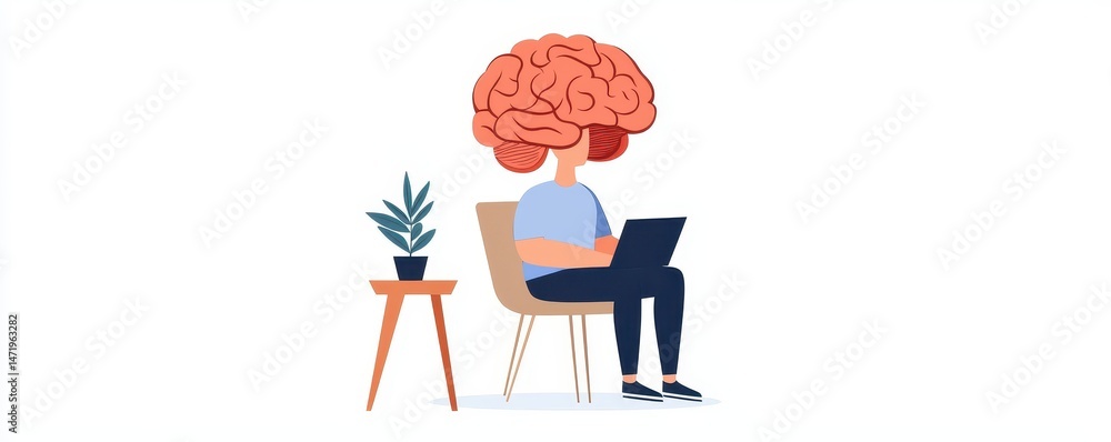 Poster a person with an oversized brain sits on a chair using a laptop, next to a plant on a small table, s