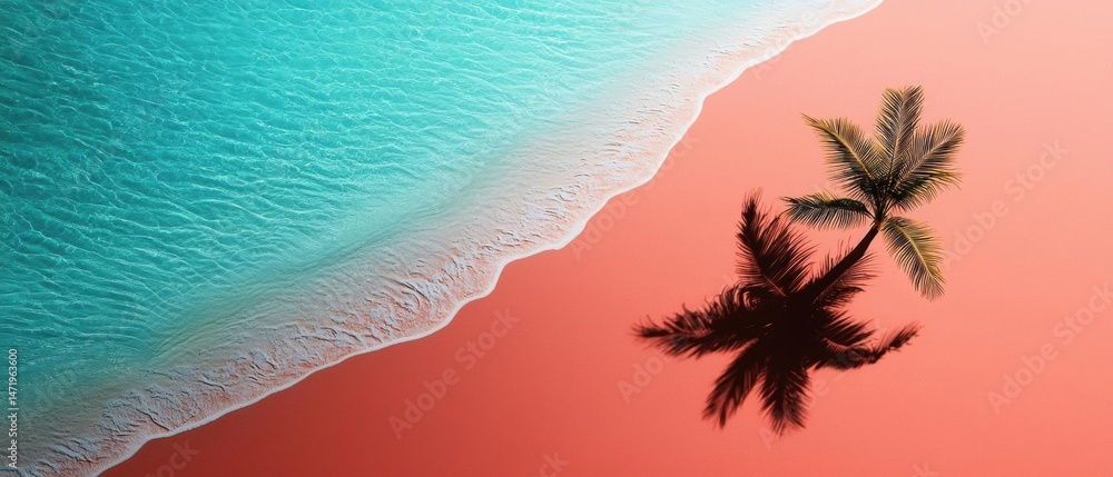 Poster aerial view of a tropical beach with a palm tree on the right side. the background is a gradient of 