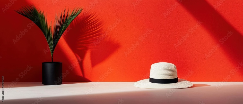 Poster minimalistic composition with a red wall in the background. on the left side of the image, there is 