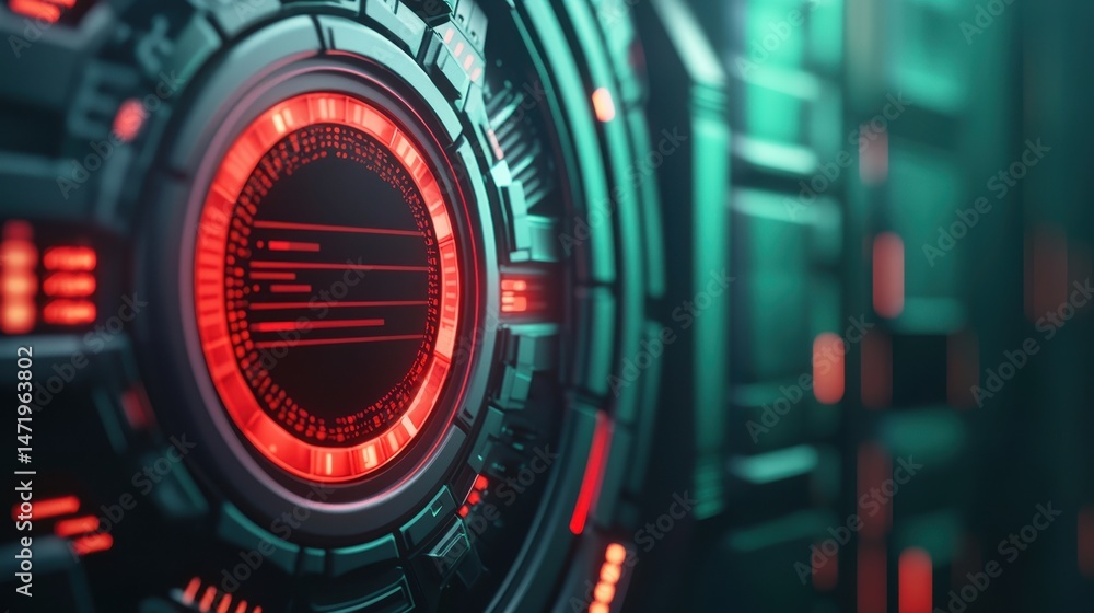 Poster A glowing, futuristic interface with red and teal lights forms a circular digital control panel in a sci-fi environment.