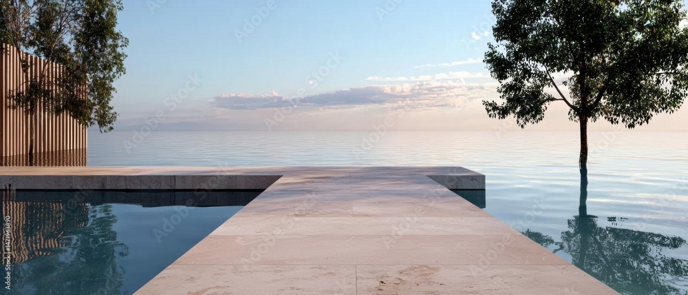 Poster beautiful view of the ocean from a long, rectangular swimming pool. the pool is surrounded by a wood