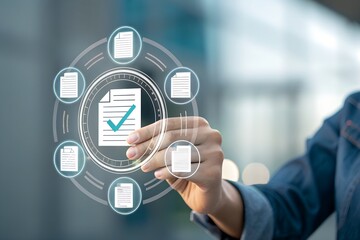 Document review process and quality control concept. Hand holding magnifying glass over a document icon with checklist, Document review and approval. Certificate management, Audit, Standardization,